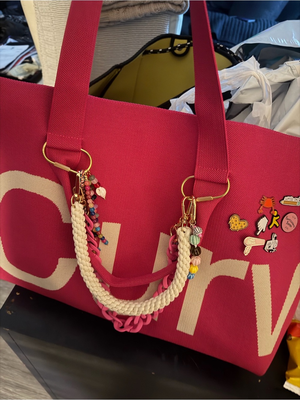 Curves Bright Pink Canvas Tote with Cream Braided Accent - Picture 3 of 3